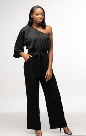 Image of Women's One Shoulder Belted Jumpsuit With Pockets - Black/Black