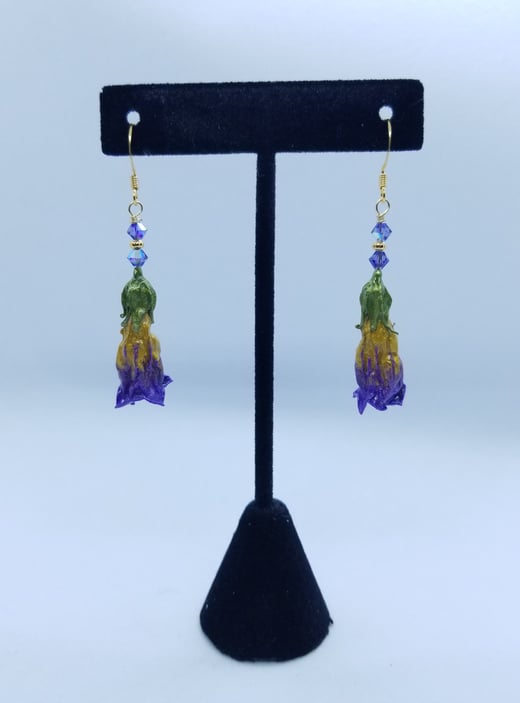 Gold Vermeil Bright Purple and Gold REAL Preserved Deadly Nightshade Flower Earrings