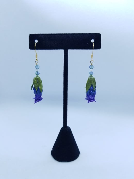 Gold Vermeil Blue and Violet REAL Preserved Deadly Nightshade Flower Earrings w/ Swarovski Crystals