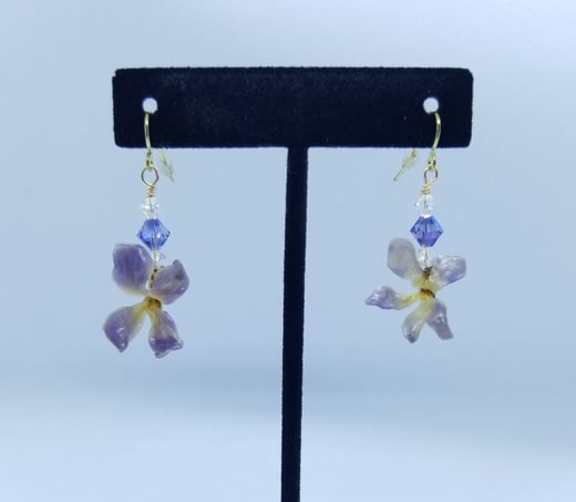 Gold Vermeil Soft Purple REAL Preserved Violet Flower Earrings w/ Tanzanite Swarovski Crystals