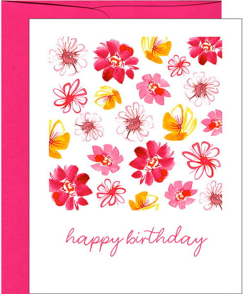 Image of Happy Birthday Spring Flowers Watercolor Floral Greeting Card