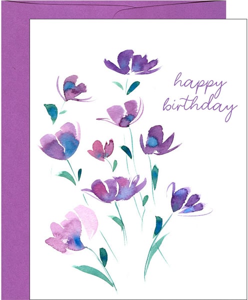 Image of Purple Florals Watercolor Flower Birthday Card