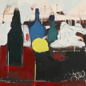 Image of 1979, Swedish Painting, Still Life with Bottles. ELMER HEMMINGSHOLT