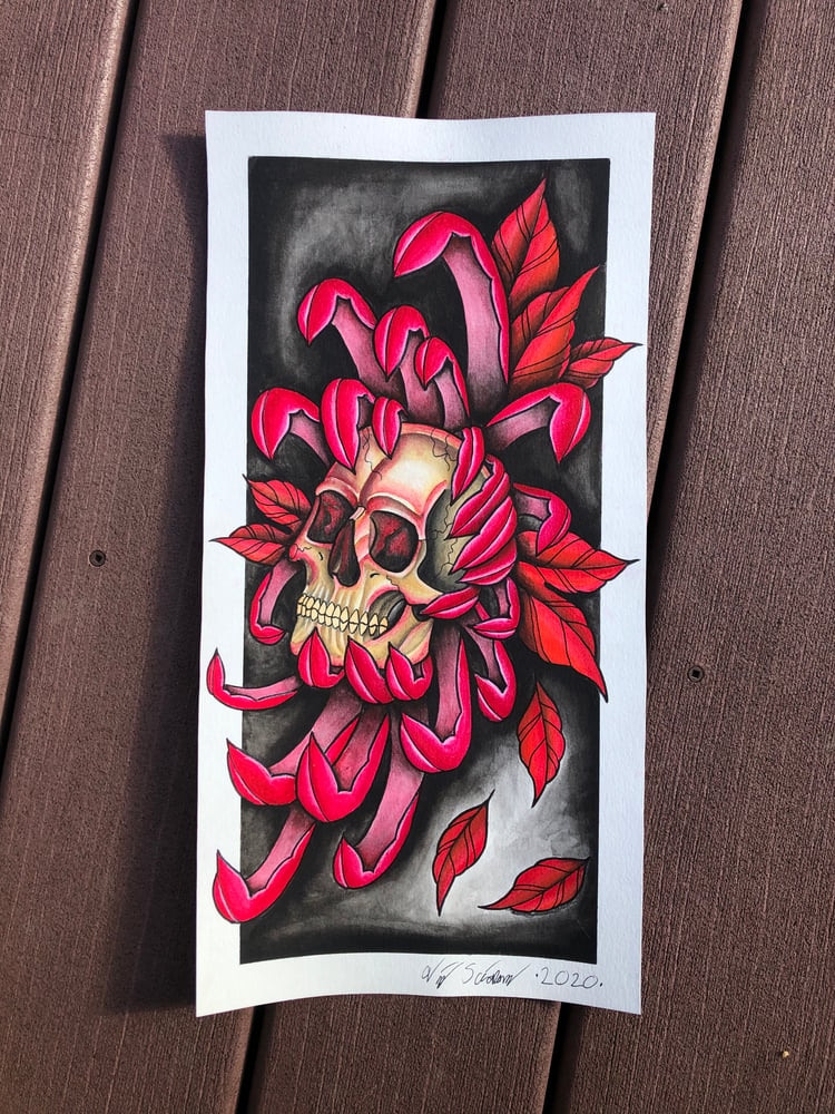 Image of ORIGINAL Skull & Chrysanthemum Painting 8x16in