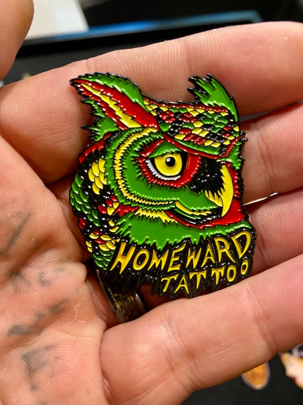 Image of Rasta Owl Homeward Tattoo pin LE100