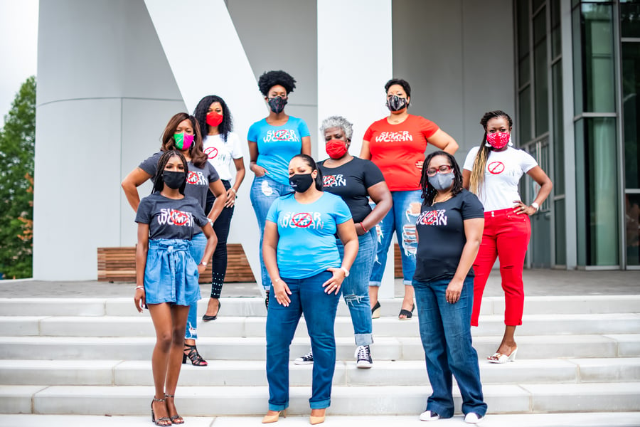 Image of NoSuperwoman Shiny Tee with metallic letters (in red, black, white, turquoise & gray)