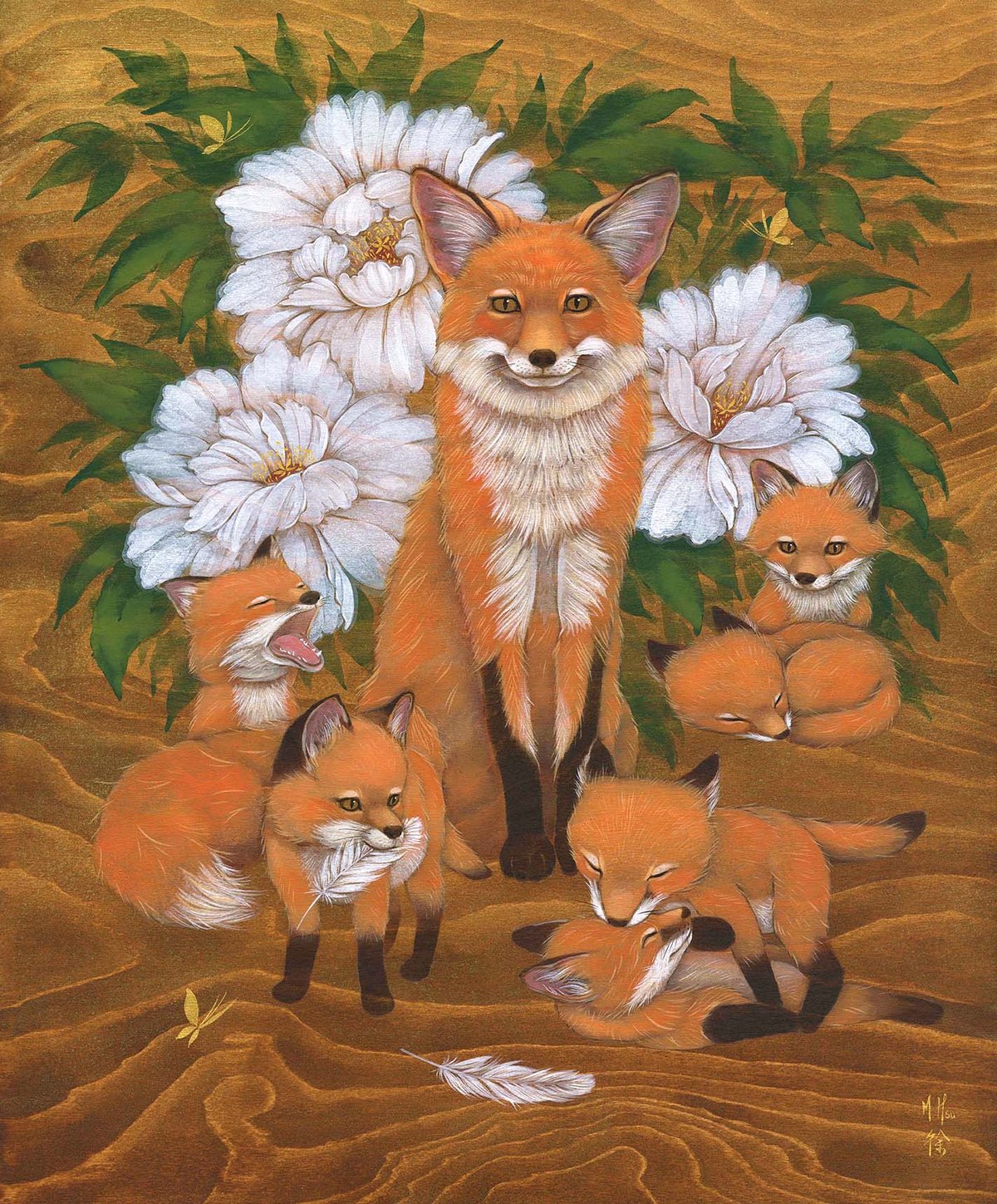 Foxes and Peonies Original Painting