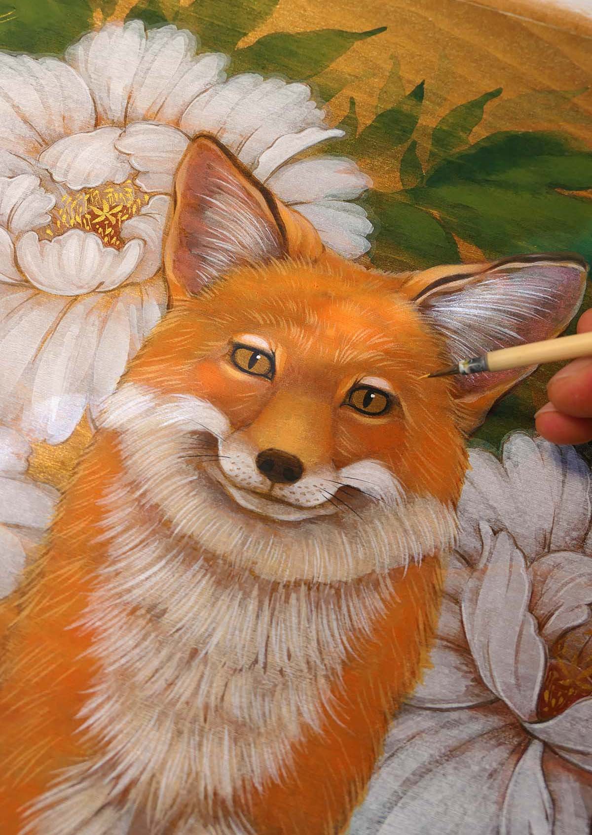Foxes and Peonies Original Painting