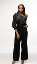 Women's One Shoulder Belted Jumpsuit With Pockets - Black/Black