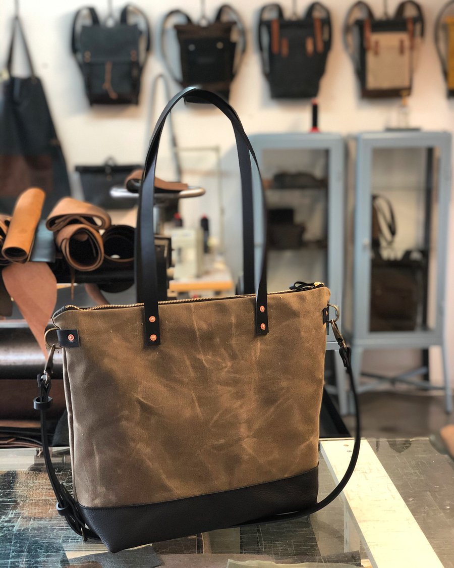 Image of Tan and black waxed canvas leather tote bag - carry all - diaper bag with leather handles and leathe