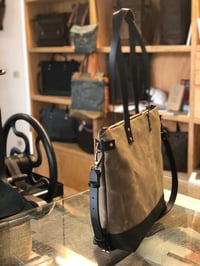 Image 2 of Tan and black waxed canvas leather tote bag - carry all - diaper bag with leather handles and leathe