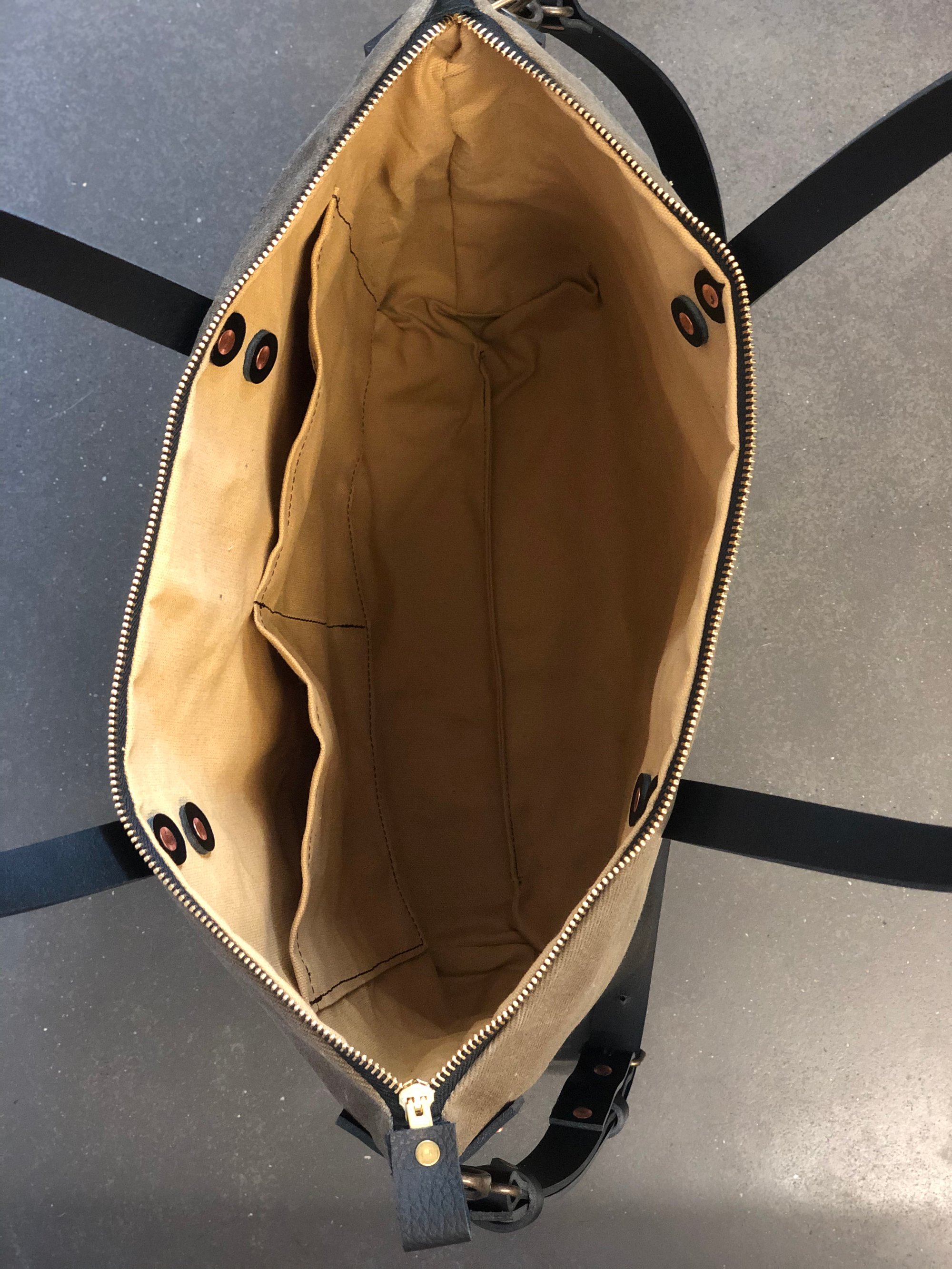 Tan and black waxed canvas leather tote bag carry all diaper bag with leather handles and leathe Treesizeverse