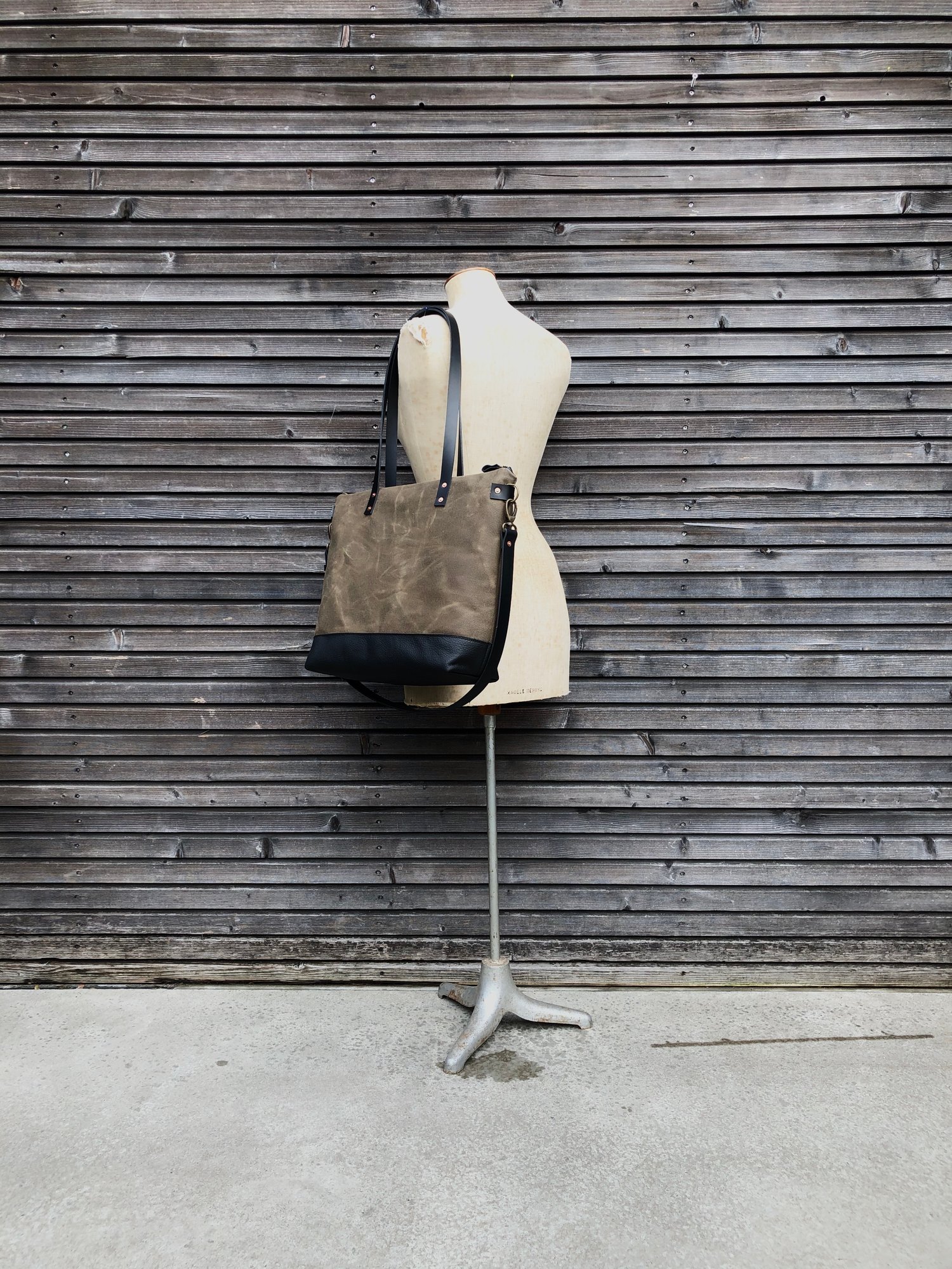 Image of Tan and black waxed canvas leather tote bag - carry all - diaper bag with leather handles and leathe