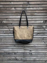 Image 5 of Tan and black waxed canvas leather tote bag - carry all - diaper bag with leather handles and leathe