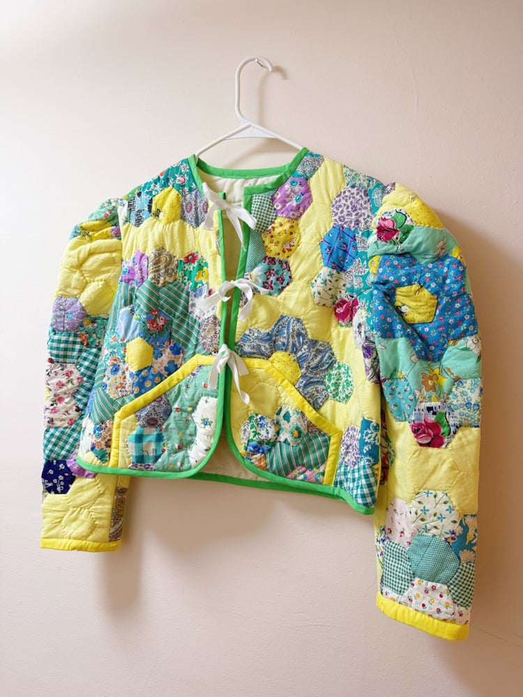 Image of Princess Puff Sleeve Quilt Coat — Grandmothers Flower Garden
