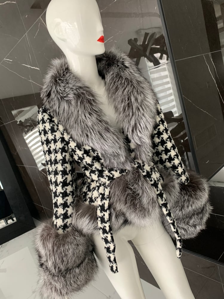 Image of Houndstooth X Fox Fur Peacoat 