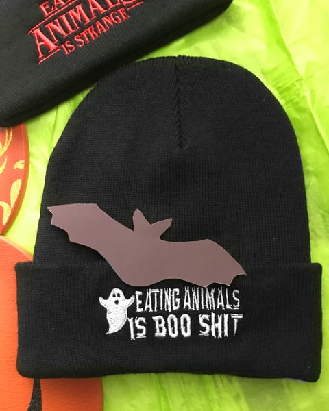 Image of Eating animals is boo shit beanie 