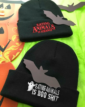 Image of Eating animals is boo shit beanie 