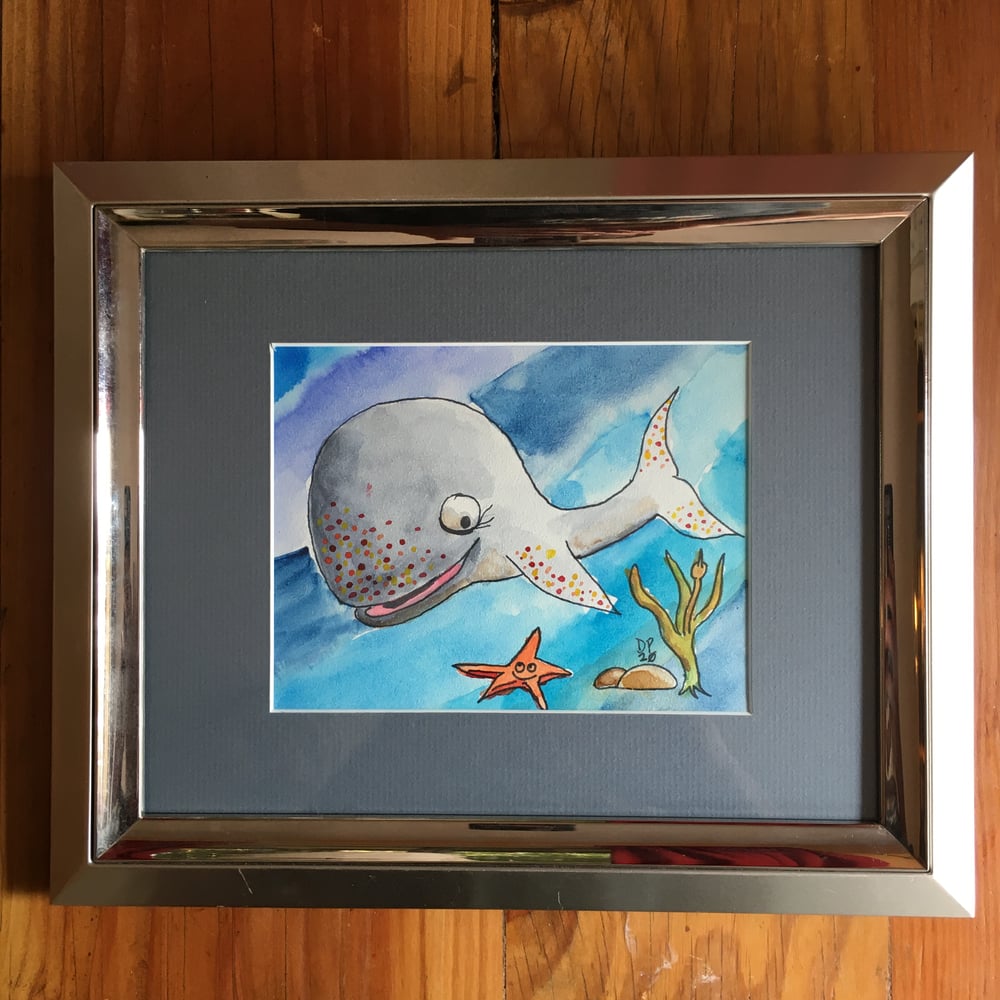 Image of "Whale Buddy W/ Starfish, Kelp And Rocks" original watercolor painting by Dan P.