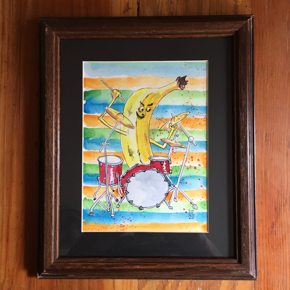 Image of "Banana Cymbal Catch" original watercolor painting by Dan P.