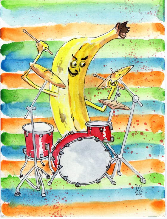 Image of "Banana Cymbal Catch" original watercolor painting by Dan P.