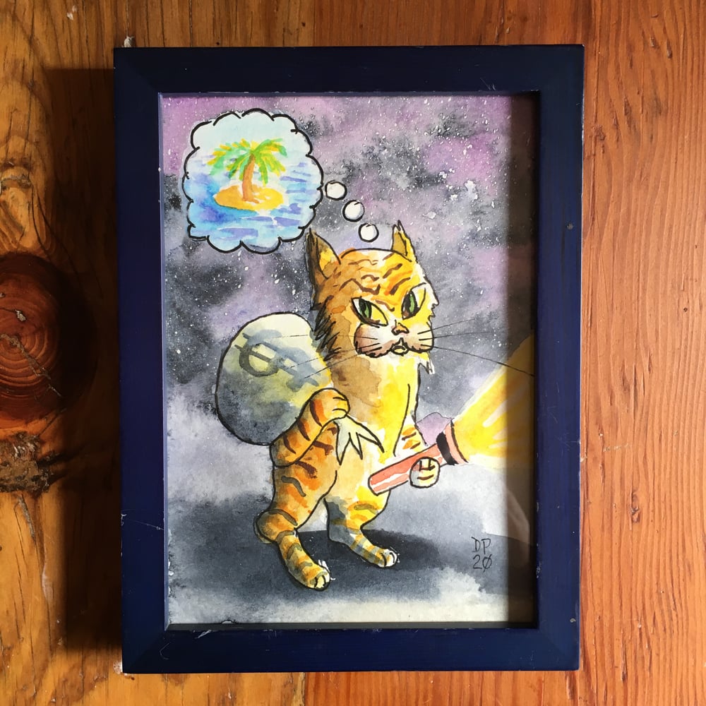 Image of "Cat Crook #2, The Flashlight original watercolor painting by Dan P.