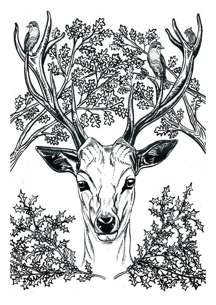 Image of Christmas Stag Art Print Signed A4 Size (12" x 8")