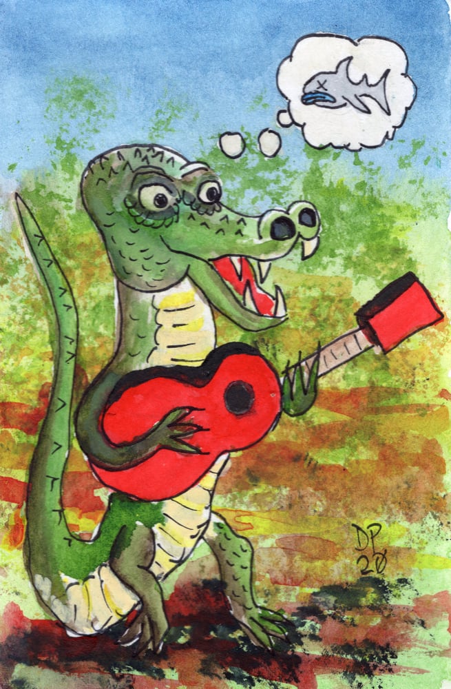 Image of "Gator Strummer" original watercolor painting by Dan P.