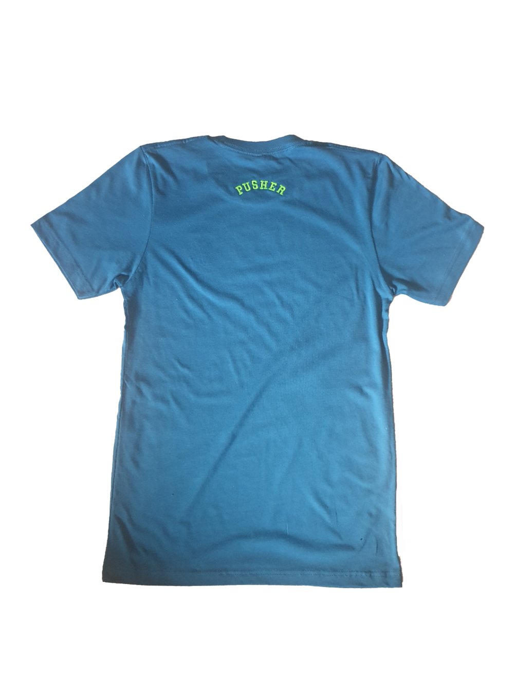Pushers Only Pusher T Shirt Teal Blue With Neon Green Logo Pushers Only