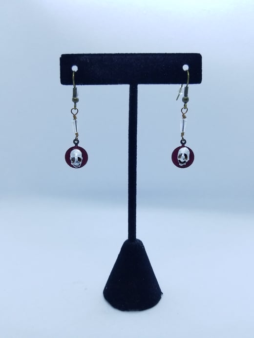 Blood Red Enamel Fairy Skull Dangling Earrings With Triangular Austrian Crystal Accents