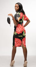 Black Floral Ruffle Sleeve Dress with Mask