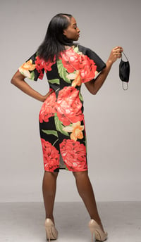 Image 3 of Black Floral Ruffle Sleeve Dress with Mask