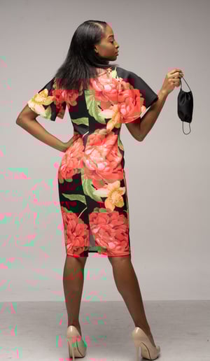 Image of Black Floral Ruffle Sleeve Dress with Mask