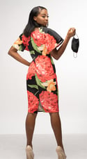 Black Floral Ruffle Sleeve Dress with Mask