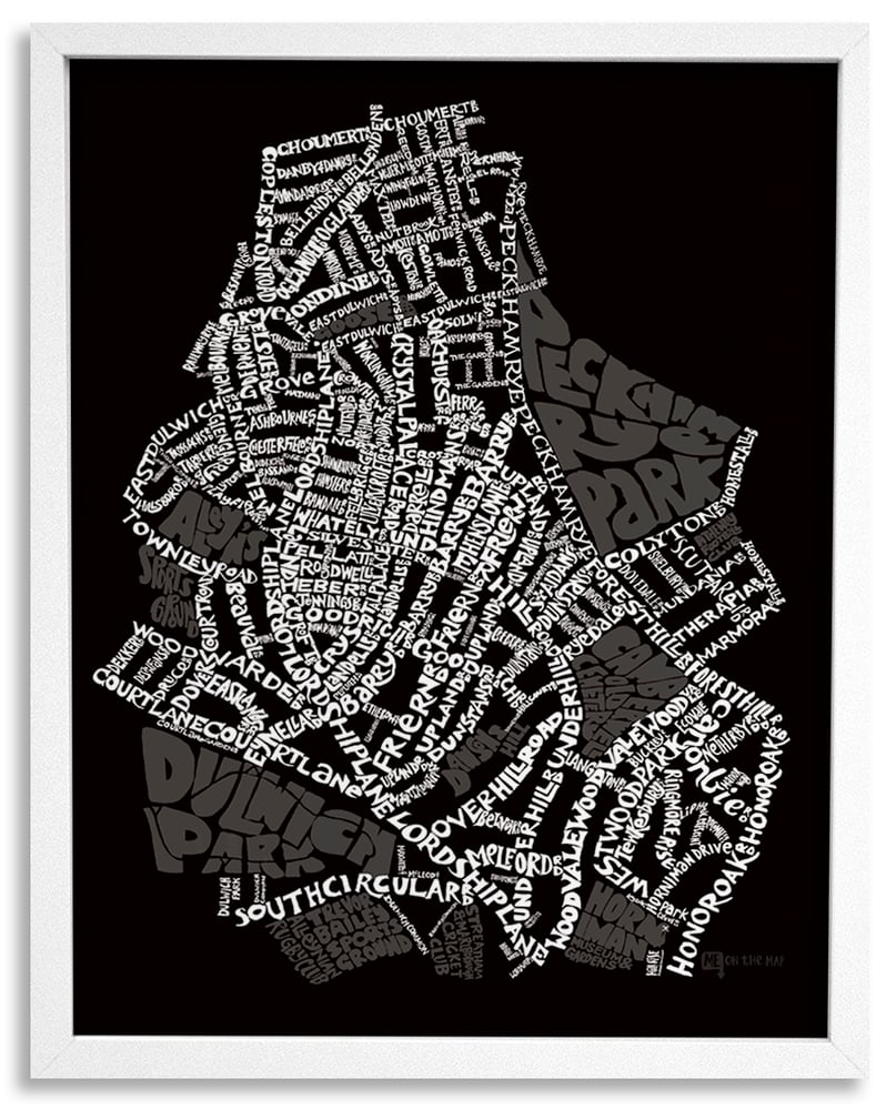 Image of  East Dulwich SE22 - SE London Type Map - White text on black  background