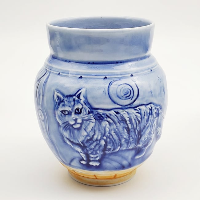 Moonlight Kitty Handcarved Woofired  Porcelain Vase