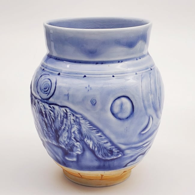Moonlight Kitty Handcarved Woofired  Porcelain Vase