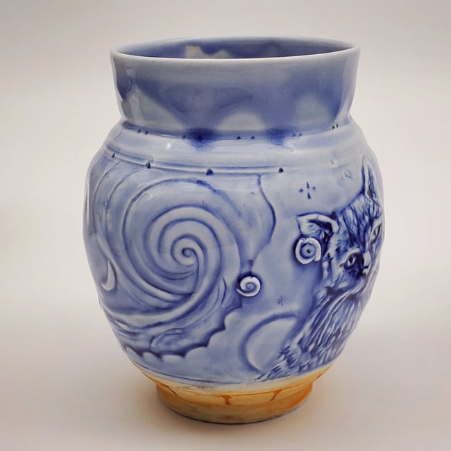 Moonlight Kitty Handcarved Woofired  Porcelain Vase