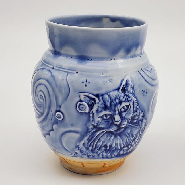 Moonlight Kitty Handcarved Woofired  Porcelain Vase