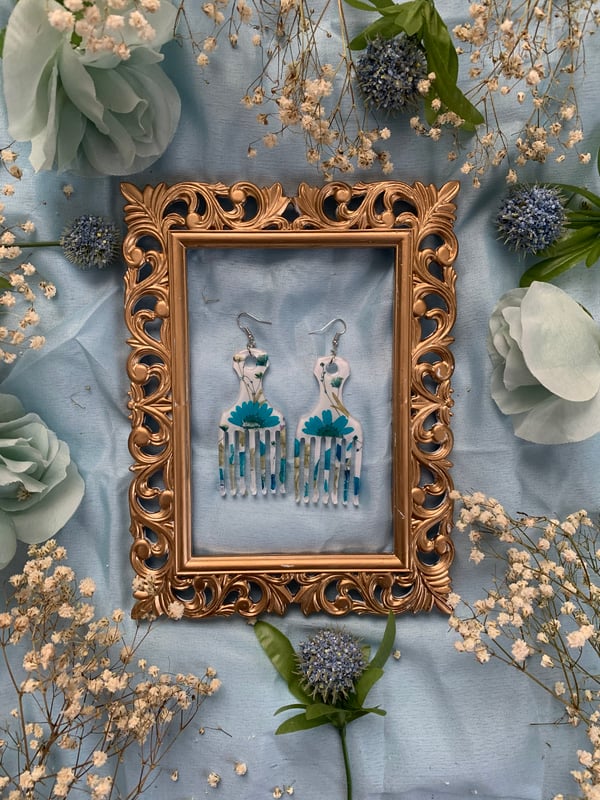 Image of Blue Floral Afro Pick Earrings