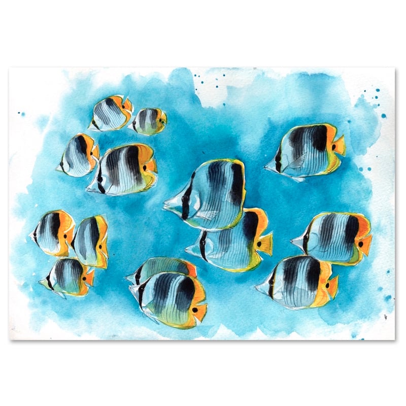 Image of Original Painting - "Banc de poissons papillons à deux selles" - 21x30 cm
