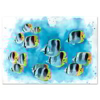 Image 1 of Original Painting - "Banc de poissons papillons à deux selles" - 21x30 cm