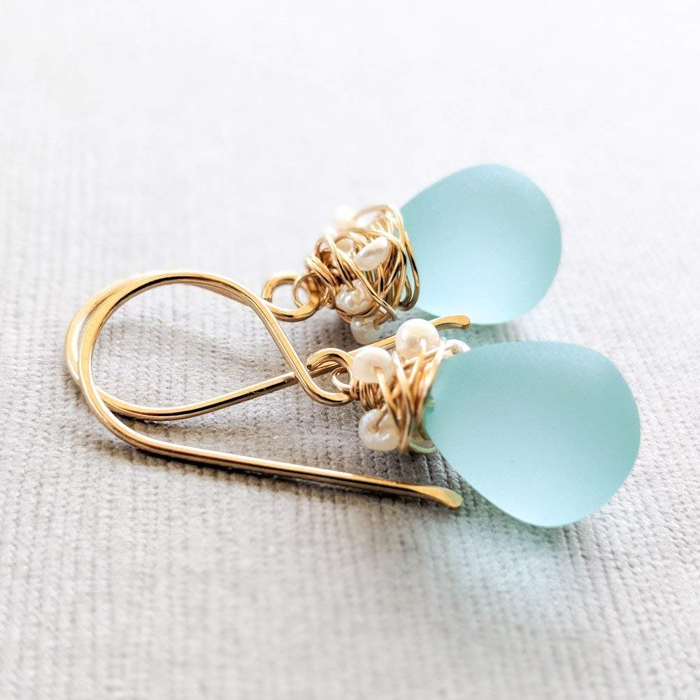 Image of Aqua glass earrings with seed pearls  14kt yellow or rose gold-filled