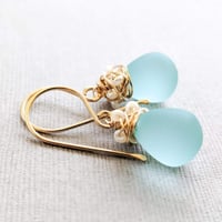 Image 2 of Aqua frosted glass earrings with seed pearls  14kt yellow or rose gold-filled