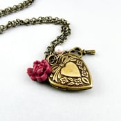 Image of Heart Locket Necklace with Key and Rose