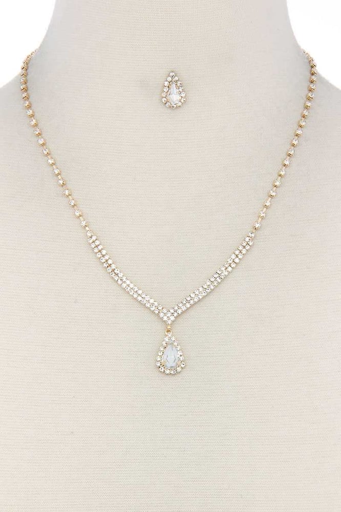 Image of Teardrop Shape Rhinestone Necklace with Matching Earrings 