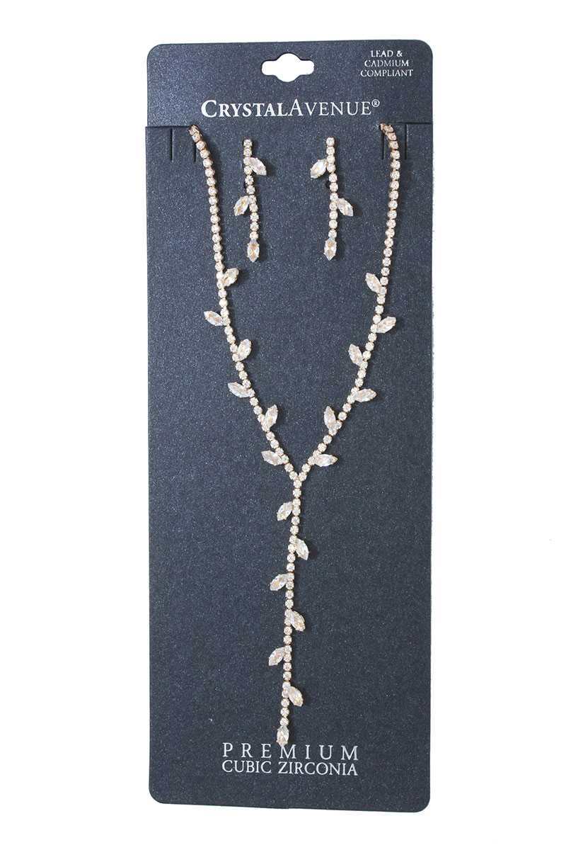 Image of Leaf and Vine Rhinestone V Necklace with Matching Earrings