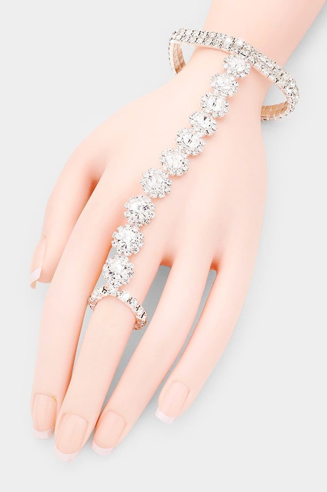 Image of  Stretchable Rhinestone Crystal Floral Hand Chain Evening Bracelet