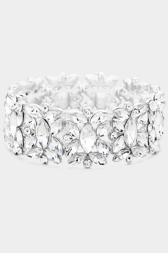 Image of Stretchable Marquise Floral Oval Crystal Cluster Stretch Evening Bracelet