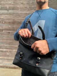 Image 4 of Black waxed canvas and leather satchel / messenger bag / canvas day bag